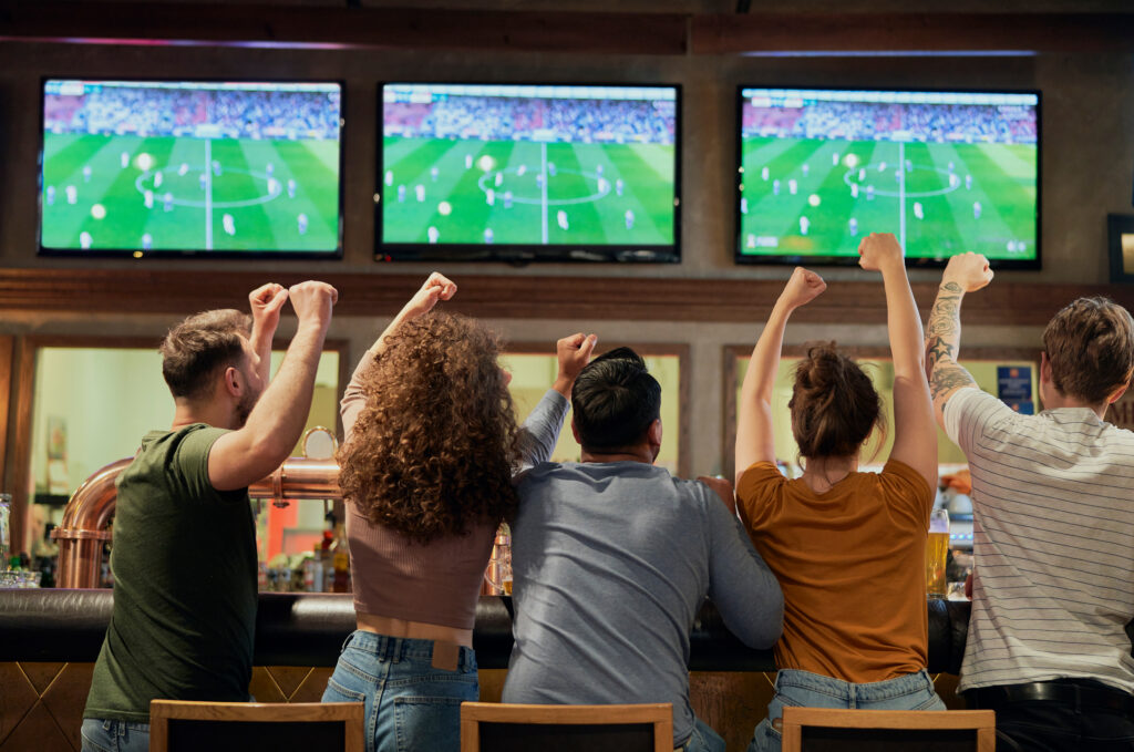 Image of group of friends, enjoying watching the game at local restaurant provided by business videos, television services
