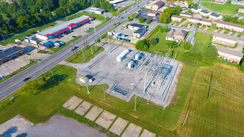 Aerial footage of substation electrical in Clarksville TN
